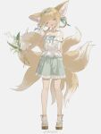  1girl :d ^_^ alternate_costume animal_ears arknights bangs blonde_hair closed_eyes facing_viewer flower fox_ears fox_tail full_body grey_background head_tilt highres holding holding_flower multiple_tails ns404 open_mouth sandals shirt short_hair shorts simple_background sleeveless sleeveless_shirt smile solo standing suzuran_(arknights) tail white_shirt 