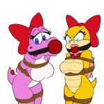  1:1 absurd_res accessory anthro ball_gag bdsm birdo bondage bound breasts duo featureless_breasts female gag gagmanzx hair_accessory hair_bow hair_ribbon hi_res jewelry koopa koopaling looking_at_viewer mario_bros necklace nintendo restraints ribbons rope rope_bondage scalie video_games wendy_o._koopa 