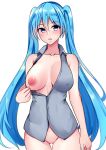  1girl bangs baretto_(karasi07) blue_eyes blue_hair blurry blush bottomless breasts censored clothes_pull collarbone covered_nipples depth_of_field hair_ornament hatsune_miku highres large_breasts long_hair looking_at_viewer mosaic_censoring nipples open_clothes open_mouth open_shirt pussy shirt_pull simple_background solo thighs vocaloid white_background 