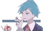  1boy aqua_eyes aqua_hair bangs collared_shirt commentary_request hands_up highres holding holding_poke_ball jacket jewelry long_sleeves male_focus momotose_(hzuu_xh4) necktie open_mouth poke_ball poke_ball_(basic) pokemon pokemon_(game) pokemon_oras red_necktie ring shirt short_hair smile solo steven_stone twitter_username upper_body white_background white_shirt 