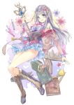  1girl absurdres ass atelier_(series) atelier_lulua bangs beaker blunt_bangs blush book boots breasts cleavage cross-laced_footwear dress earrings elmerulia_fryxell erlenmeyer_flask flask frilled_dress frills full_body green_eyes grey_hair heart highres holding holding_staff jewelry lace-up_boots looking_at_viewer miyama_leaves nail_polish open_mouth short_dress simple_background smile solo staff thighs white_background 