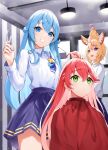  3girls :d absurdres ahoge animal_ear_fluff animal_ears bangs blonde_hair blue_eyes blue_hair blue_skirt ceiling_light closed_mouth collared_shirt flower fox_ears green_eyes grin hair_between_eyes hair_flower hair_ornament hand_on_another&#039;s_head hanging_light highres holding holding_scissors hololive hoshimachi_suisei indoors long_hair long_sleeves multicolored_hair multiple_girls omaru_polka pink_hair purple_eyes red_hair roina_(effj7473) sakura_miko scissors shirt skirt smile star_(symbol) star_in_eye streaked_hair sweatdrop symbol_in_eye virtual_youtuber white_shirt 