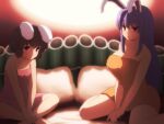  2girls animal_ears bangs bare_arms bare_legs bare_shoulders blurry blurry_background breasts brown_hair cleavage commentary_request crossed_legs eyebrows_visible_through_hair hair_between_eyes inaba_tewi long_hair looking_at_viewer multiple_girls pillow rabbit_ears rabbit_girl red_eyes reisen_udongein_inaba shirosato short_hair sitting small_breasts touhou towel very_long_hair 