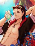  1boy abs absurdres black_hair commission commissioner_upload cup drinking_straw eyewear_on_head fire_emblem fire_emblem:_thracia_776 fire_emblem_heroes highres holding holding_cup hunnymzdraws jewelry looking_at_viewer male_focus necklace reinhardt_(fire_emblem) smile solo sunglasses 