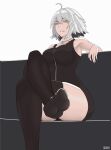  1girl ahoge artist_name bangs bare_shoulders black_dress black_legwear breasts crossed_legs disgust dress eyebrows_visible_through_hair fate/grand_order fate_(series) feet feet_out_of_frame foot_focus highres jeanne_d&#039;arc_alter_(fate) jewelry lolicaust looking_at_viewer medium_breasts necklace no_shoes open_mouth short_hair simple_background sitting soles solo teeth thighhighs white_hair yellow_eyes 