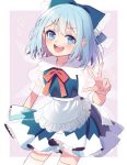  1girl alternate_costume apron bangs blue_bow blue_eyes blue_hair blush bow cirno commentary_request frilled_bow frills hair_bow looking_at_viewer maid_apron neck_ribbon open_mouth puffy_short_sleeves puffy_sleeves red_ribbon ribbon short_hair short_sleeves solo touhou touya_(konpekitou) v waist_apron white_apron 