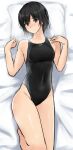  1girl amagami black_hair black_swimsuit breasts breath brown_eyes competition_swimsuit covered_navel cowboy_shot from_above highres lying nanasaki_ai on_back one-piece_swimsuit pillow short_hair small_breasts solo swimsuit yoo_tenchi 