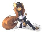  anthro apogee_(tinygaypirate) baseball_cap brown_body brown_eyes brown_fur brown_hair canid canine canis cheek_tuft clothed clothing digital_media_(artwork) domestic_dog dress ear_piercing facial_piercing facial_tuft feet female fur hair hat headgear headwear hi_res legwear long_hair looking_back mammal piercing rear_view simple_background sitting solo spitz stockings tinygaypirate toes topwear tuft 