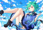  1girl absurdres bangs bare_legs blue_sky blush bug butterfly cloud day falling green_hair hair_bun highres hololive hukw open_mouth red_eyes short_hair sky solo uruha_rushia virtual_youtuber 