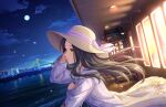  1girl artist_request black_hair boat brown_eyes cloud cloudy_sky dress hat horizon idolmaster idolmaster_cinderella_girls idolmaster_cinderella_girls_starlight_stage long_hair looking_to_the_side moon night night_sky ocean official_art outdoors sena_shiori_(idolmaster) ship sky solo straw_hat water watercraft 