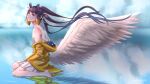 absurdres barefoot cloud feathered_wings highres hololive hololive_english jacket l_yth ninomae_ina&#039;nis ribbon skirt violet_(ninomae_ina&#039;nis) water white_ribbon white_skirt white_wings wind wings yellow_jacket 