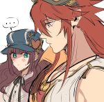  ... 1boy 1girl cardia_beckford code:realize goggles goggles_on_head green_eyes hat hetero highres impey_barbicane kash-phia large_pectorals looking_at_another looking_back looking_to_the_side male_focus meme pectoral_cleavage pectoral_envy_(meme) pectoral_focus pectorals profile red_hair shirt sleeveless sleeveless_shirt spoken_ellipsis sweat sweatdrop 