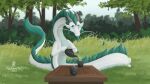  asian_mythology barbel_(anatomy) beverage dragon east_asian_mythology eastern_dragon facial_hair first_person_view flesh_whiskers fur goatee green_body green_fur green_hair hair hi_res horn looking_at_viewer male mythology palehorntea pouring_tea scalie smile solo tea teapot 