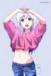  1girl :d bangs blue_background blue_eyes blue_pants commentary_request dated denim eyebrows_visible_through_hair highres jeans long_hair looking_at_viewer midriff navel nii_manabu original pants pink_shirt shirt signature simple_background smile solo teeth upper_teeth white_hair 