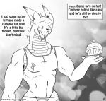  2016 anthro belly_scales cherry clothing comic cupcake dessert dragon english_text eyes_closed food frosting fruit horn if_hell_had_a_taste male monochrome muscular muscular_male plant reptile scales scalie scar shirt skylar_fidchell solo sprinkles text topwear viroveteruscy 