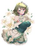  1girl armpits ascot blue_eyes blush bob_cut breasts cleavage dress elbow_gloves floral_background floral_print flower gloves green_ascot green_dress green_eyes green_gloves green_hair hair_flower hair_ornament heterochromia highres idolmaster idolmaster_cinderella_girls large_breasts light_smile looking_at_viewer mole mole_under_eye own_hands_together solo strapless strapless_dress takagaki_kaede yuanagae 