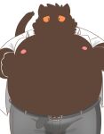  2022 anthro belly big_belly black_body bottomwear clothed clothing domestic_cat felid feline felis hi_res kemono male mammal nipples open_clothing open_shirt open_topwear overweight overweight_male pants puss3250 shirt simple_background solo topwear white_background 