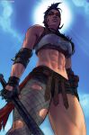  1girl abs asymmetrical_clothes axe backlighting belt black_shorts blue_hair blue_sky braid breasts brown_belt cutoffs day elbow_pads english_commentary eyebrow_piercing facepaint fingerless_gloves fishnet_legwear fishnets from_below gloves highres holding holding_axe holding_weapon junker_queen_(overwatch) leather_belt lip_piercing lips medium_breasts meme midriff mildly_muscular_women_think_they&#039;re_gods_(meme) mohawk multiple_piercings muscular muscular_female navel nose orange_eyes overwatch_(series) overwatch_2 piercing shorts side_braids single_elbow_pad single_leg_pantyhose sky solo spikes thick_thighs thighs torn_clothes torn_legwear veins veiny_arms wallace_pires weapon 