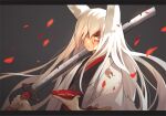 animal_ears blood blood_on_face cup dent grey_background hair_over_one_eye holding holding_sword holding_weapon japanese_clothes jong_tu kimono letterboxed petals pixiv_fantasia pixiv_fantasia_fallen_kings red_eyes sakazuki simple_background solo sword upper_body weapon white_hair 