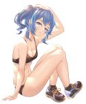  1girl absurdres arm_support bangs bare_arms bare_legs black_bra black_footwear black_panties blue_eyes blue_hair blush bra breasts cleavage closed_mouth collarbone from_side hand_on_own_head head_tilt highres hololive honkivampy hoshimachi_suisei legs long_hair looking_at_viewer navel panties shoes side_ponytail sidelocks simple_background sitting small_breasts smile socks solo spaghetti_strap sports_bra sweat thighs underwear white_background 