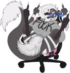  absurd_res angry anthro big_breasts big_tooth blue_tongue breasts clothing crotch_tuft curvaceous curvy_figure ears_down female fur gaming_chair gesture grey_body grey_clothing grey_fur grey_shirt grey_topwear hair hi_res huge_breasts long_tail mammal middle_finger nails out-of-placers pivoted_ears purple_eyes rude sharp_teeth shilohsmilodon shirt snarling solo suggestive suggestive_gesture tail_fluff tail_tuft teeth tongue topwear tuft vee voluptuous vulgar webcomic white_hair wide_hips yellow_sclera yinglet 