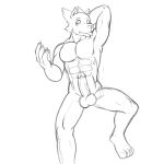  1:1 abs anthro balls fours_(artist) genitals hi_res looking_at_viewer lying male monochrome muscular muscular_male on_back pecs penis rex_(fours) sketch solo warg_(fours) 