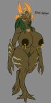  anthro big_breasts bodily_fluids breast_milking breasts claws female genitals green_hair hair hi_res karnator lactating monster orange_eyes plant pussy simple_background solo thick_thighs wide_hips 