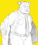  2022 absurd_res anthro belly bottomwear clothing hi_res humanoid_hands kamui_shirow kemono male mammal necktie overweight overweight_male pants shirt simple_background solo suid suina sus_(pig) suspenders topwear wild_boar yellow_background 