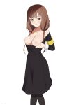  1girl absurdres armband black_legwear blush breast_lift breasts breasts_out brown_eyes brown_hair cleavage clothes_pull coro_fae dot_nose dress_pull furrowed_brow highres iino_miko kaguya-sama_wa_kokurasetai_~tensai-tachi_no_renai_zunousen~ long_hair looking_at_viewer low_twintails medium_breasts nipples pantyhose parted_lips pulled_by_self school_uniform shuuchiin_academy_school_uniform simple_background solo sweat twintails uniform white_background 