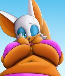  anthro big_breasts bikini breast_squish breasts chiropteran clothing creatiffy female first_person_view hand_behind_head hi_res looking_at_viewer low-angle_view mammal one_eye_closed open_mouth open_smile rouge_the_bat sega smile solo sonic_the_hedgehog_(series) squish swimwear wink 