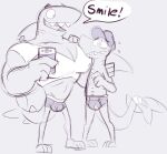  anthro barefoot bodily_fluids briefs bulge clothed clothing dialog_box duo embarrassed english_text feet fish goronic male marine muscle_shirt muscular muscular_male open_mouth shark smile sweat teeth_showing text topless underwear 