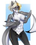  abs amur anthro athletic athletic_anthro athletic_female blonde_hair bottomwear bra breasts clothed clothing dressing female fin fish grey_body hair hi_res licking licking_lips marine nipples non-mammal_breasts open_bottomwear open_clothing open_pants panties pants purple_eyes shark solo tail_fin tongue tongue_out unbuckled_belt underwear 