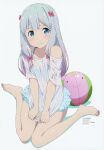  1girl aqua_eyes ball bare_legs bare_shoulders barefoot blue_eyes blush bow eromanga_sensei eyebrows_visible_through_hair grey_hair hair_between_eyes hair_bow highres izumi_sagiri long_hair looking_at_viewer low-tied_long_hair on_floor pink_bow skirt solo 