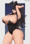  1girl @_@ absurdres ahoge alternate_breast_size animal_ears arm_up black_hair black_leotard blush breasts cleavage curvy english_commentary hex_maniac_(pokemon) highleg highleg_leotard highres huge_breasts leotard long_hair looking_at_viewer messy_hair open_mouth playboy_bunny pokemon pokemon_(game) pokemon_xy purple_eyes rabbit_ears rabbit_tail smile solo soveno standing strapless strapless_leotard tail thick_thighs thighs 