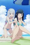  2girls aqua_bikini arm_support barefoot beach bikini black_hair blue_bikini blush bow breasts eromanga_sensei eyebrows_visible_through_hair grey_hair hair_bow highres izumi_sagiri multiple_girls open_mouth senju_muramasa sitting sky striped striped_bikini swimsuit umbrella 