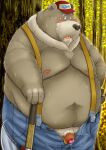  2022 anthro axe balls belly big_belly blue_eyes blush bottomwear censored clothing genitals hi_res humanoid_genitalia humanoid_hands humanoid_penis kemono lumbearjack lumberjack male mammal mature_male melee_weapon moobs navel nipples norataro outside overweight overweight_male pants penis plant pubes solo tree ursid video_games weapon 