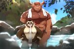  2022 anthro asian_clothing baw0sox belly black_body blush bovid bovine brown_body cattle clothing detailed_background duo east_asian_clothing fundoshi giant_panda hi_res japanese_clothing kemono male mammal moobs muscular nipples one_eye_closed outside overweight overweight_male underwear ursid water white_body white_clothing white_fundoshi white_underwear wink 