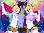  2022 4:3 abs aloha_shirt anthro athletic athletic_anthro athletic_female athletic_male biped bisexual bisexual_pride_colors black_body black_fur black_nose blonde_hair blue_body blue_fur blush body_hair bottomwear breasts bulge camel_toe canid canine clothed clothing cropped_hoodie crossgender dark_blue_body dark_blue_fur digital_media_(artwork) female fennec flag flag_(object) fox fur fur_markings group hair hand_above_head hand_on_hip handkerchief happy happy_trail hi_res holding_flag holding_object kerchief larger_male lgbt_history_month lgbt_pride male mammal markings navel nipple_outline open_clothing open_mouth open_shirt open_topwear orange_body orange_fur panties pattern_bottomwear pattern_clothing pattern_panties pattern_shirt pattern_topwear pattern_underwear pride_color_clothing pride_color_flag pride_colors pubes purple_eyes rainbow_pride_colors raised_bottomwear raised_clothing raised_skirt shaded shirt short_hair sidni sidnithefox simple_background size_difference skirt smile soft_shading stack_(character) striped_bottomwear striped_clothing striped_panties striped_underwear stripes tagme topwear underwear whiskers white_body white_fur wholesome_hug 