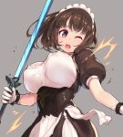  1girl absurdres bangs breasts brown_hair dress eyebrows_visible_through_hair gloves grey_background highres holding holding_weapon kirikawa_ikumu large_breasts maid_headdress one_eye_closed open_mouth original puffy_short_sleeves puffy_sleeves red_eyes short_hair short_sleeves simple_background solo sword upper_body v-shaped_eyebrows weapon white_gloves wristband 