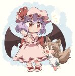  2girls animal_ears bat_wings black_wings blush closed_eyes dress eyebrows_visible_through_hair fox_ears fox_tail green_ribbon hair_between_eyes hat kudamaki_tsukasa light_brown_hair mob_cap multiple_girls open_mouth parted_lips pink_dress pink_headwear puffy_short_sleeves puffy_sleeves purple_hair red_eyes remilia_scarlet ribbon rokugou_daisuke romper short_hair short_sleeves signature tail touhou white_romper wings 