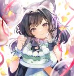  1girl animal_ears birthday birthday_cake black_hair blue_eyes brown_eyes cake cloud_horizon food fox_ears fox_girl highres lily_linglan looking_at_viewer sibyl smile virtual_youtuber wolf_ears wolf_girl yellow_eyes 