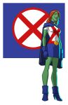  1girl alien blue_footwear blue_gloves blue_skirt boots cape colored_skin freckles gloves green_skin high_heel_boots high_heels highres jerome-k-moore miss_martian red_hair skirt smirk superhero teenage young_justice 