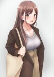  1girl alternate_costume bag belt_buckle blush breasts brown_coat brown_hair buckle cleavage coat collarbone eyebrows_visible_through_hair grey_background high-waist_skirt highres holding holding_bag idolmaster idolmaster_shiny_colors large_breasts long_hair nakonako ribbed_shirt shirt simple_background skirt smile solo sonoda_chiyoko straight_hair tote_bag 