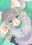  apple apron bags_under_eyes copyright_request empty_eyes food fruit green_eyes grey_hair hair_ornament highres jacket long_hair looking_up maid_apron maid_headdress reincarnation_(vocaloid) sweatdrop track_jacket user_psx3777 