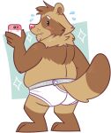  2022 anthro barefoot blush bodily_fluids briefs briefs_only brown_body brown_fur bulge butt canid canine cellphone clothed clothing feet fur goronic hanes hi_res humanoid_hands male mammal overweight overweight_male phone pink_nose raccoon_dog simple_background smartphone solo sparkles sweat tanuki tighty_whities tooth_showing topless underwear underwear_only white_background white_briefs white_clothing white_underwear 