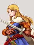  1girl armor armored_dress blonde_hair cape final_fantasy final_fantasy_tactics gauntlets grey_background highres knife knight_(fft) long_hair red_eyes simple_background solo sword weapon yan_pai 