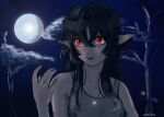  1girl :o absurdres artist_name black_hair blush hand_up highres irina_luminesk jewelry moon necklace night non-web_source outdoors pointy_ears red_eyes self_upload solo tree tsuki_to_laika_to_nosferatu upper_body vampire 