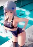  1girl adjusting_clothes adjusting_swimsuit ass background_text bangs black_legwear blue_swimsuit blunt_bangs blush breasts cleavage clothes_pull collarbone commentary_request competition_swimsuit cowboy_shot facial_mark girls&#039;_frontline green_eyes hair_ornament highres hk416_(girls&#039;_frontline) large_breasts long_hair one-piece_swimsuit pool poolside shirosaba solo swimsuit swimsuit_pull teardrop translation_request white_hair 