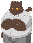  2022 anthro belly big_belly black_body bottomwear clothing domestic_cat felid feline felis hi_res kemono male mammal overweight overweight_male pants puss3250 shirt simple_background solo topwear white_background 