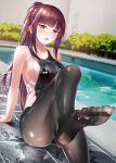  1girl ass background_text bangs bare_shoulders bench black_legwear black_swimsuit blush breasts bush collarbone commentary_request competition_swimsuit eyebrows_visible_through_hair feet feet_up frown girls&#039;_frontline hair_ribbon highres large_breasts long_hair looking_at_viewer one-piece_swimsuit open_mouth outdoors pantyhose ponytail pool red_eyes red_hair red_ribbon ribbon shirosaba sideboob sidelocks signature sitting sleeveless solo swimsuit thighs tile_floor tiles toes translation_request wa2000_(girls&#039;_frontline) wet wet_clothes 